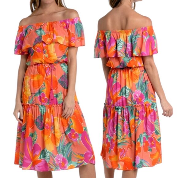 La Blanca Dresses & Skirts - La Blanca Womens Off-The-Shoulder Floral Cover-Up Dress Hot Coral Size Large